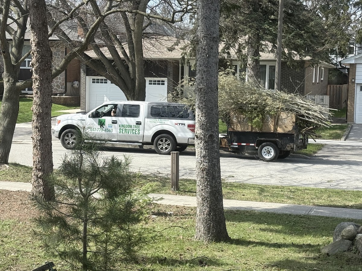 Kingdom Tree Services branded truck and trailer loaded with brush on a residential street